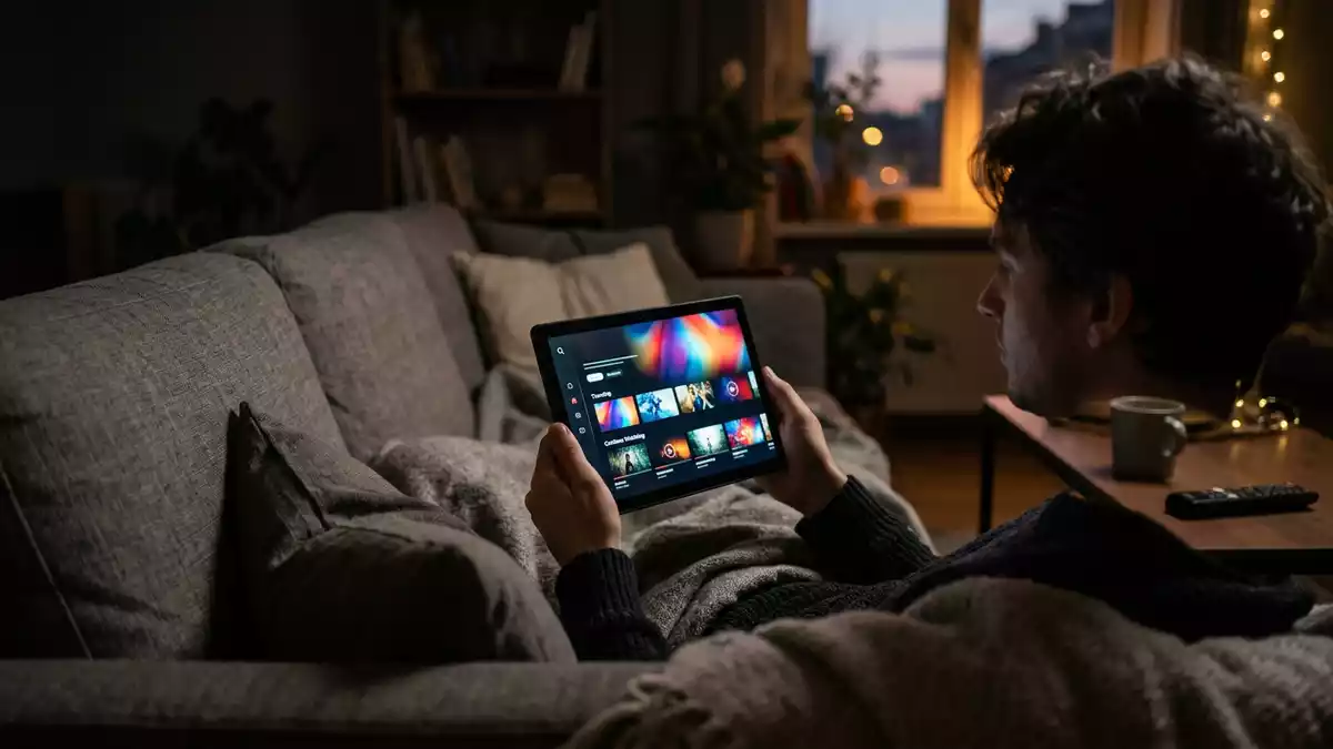 Fotorealistische Ansicht von Streaming-App im Wohnzimmer in realer Umgebung, neutral