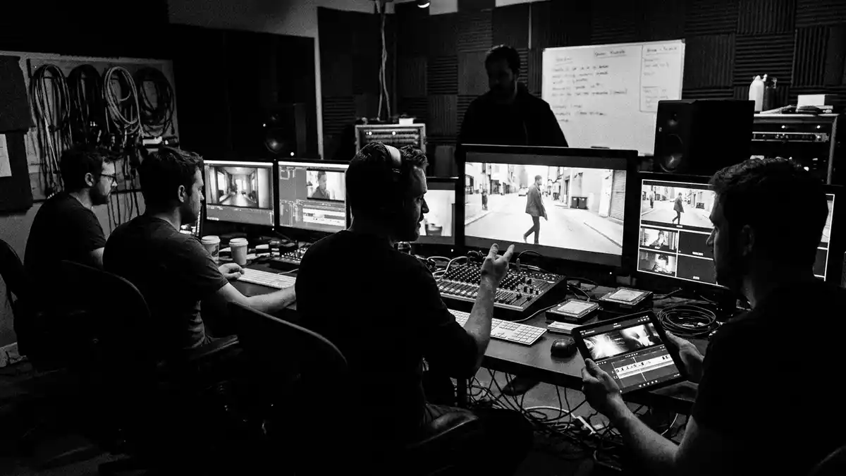 Schwarzweiss-Reportagebild mit Streaming-App in dokumentarischer Arbeitsumgebung