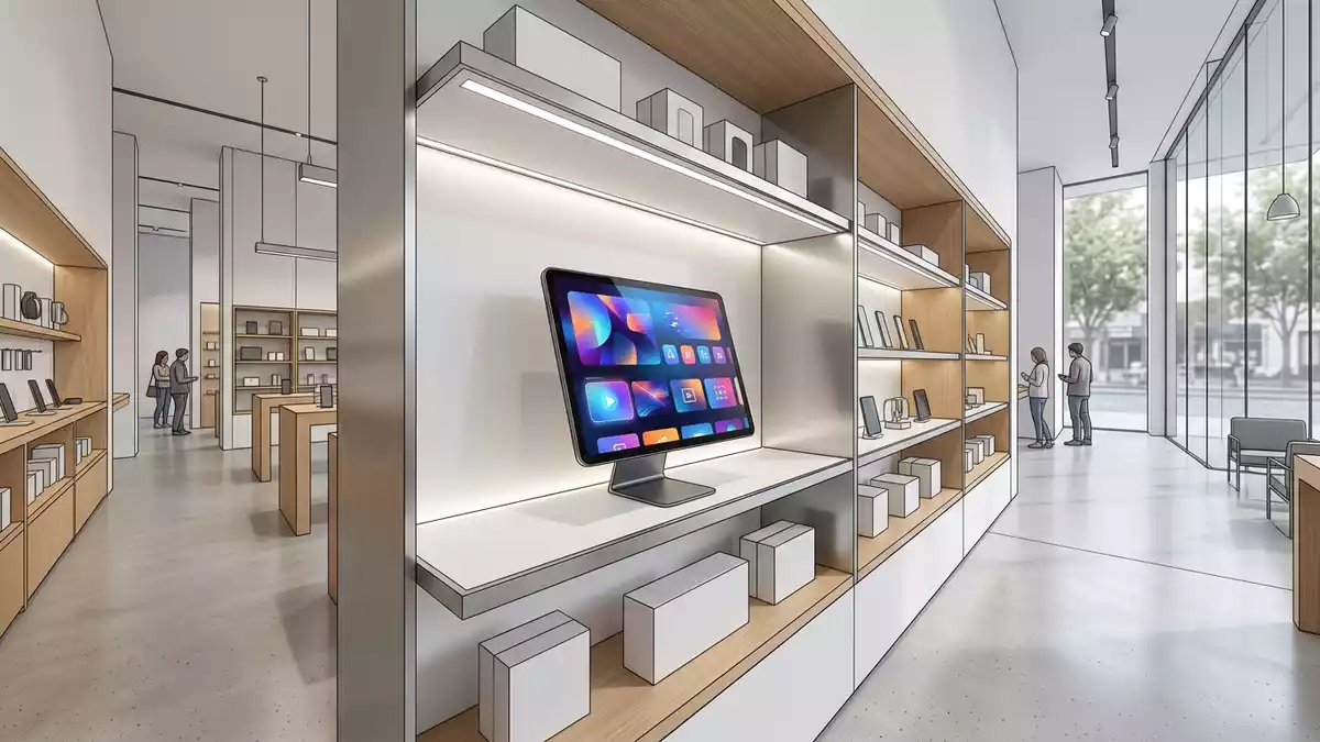 Architektur-Render im Elektronik-Fachmarkt mit Streaming-App im Ausstellungsbereich