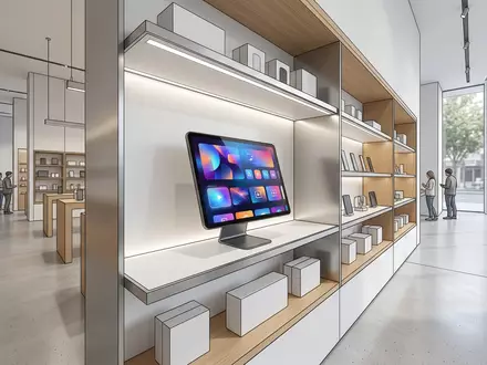 Architektur-Render im Elektronik-Fachmarkt mit Streaming-App zum Thema RTL+ Abo, ISIN LU0061462528, neutrales Tageslicht - Foto: THN