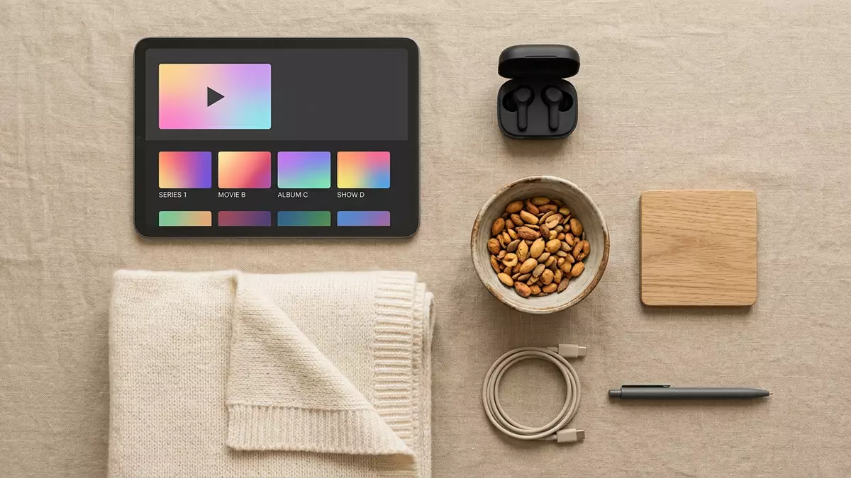 Flatlay-Arrangement rund um Streaming-App mit passenden Requisiten von oben, neutral