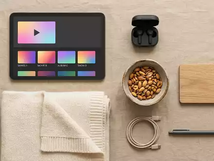 Flatlay-Arrangement rund um Streaming-App zum Thema RTL+ Abo, ISIN LU0061462528, weiches Oberlicht - Foto: THN