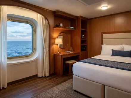 Fotorealistische Studioaufnahme von Kreuzfahrtkabine zum Thema Royal Caribbean Kreuzfahrt, ISIN LR0008862868, klare Lichtfuehrung - Foto: THN