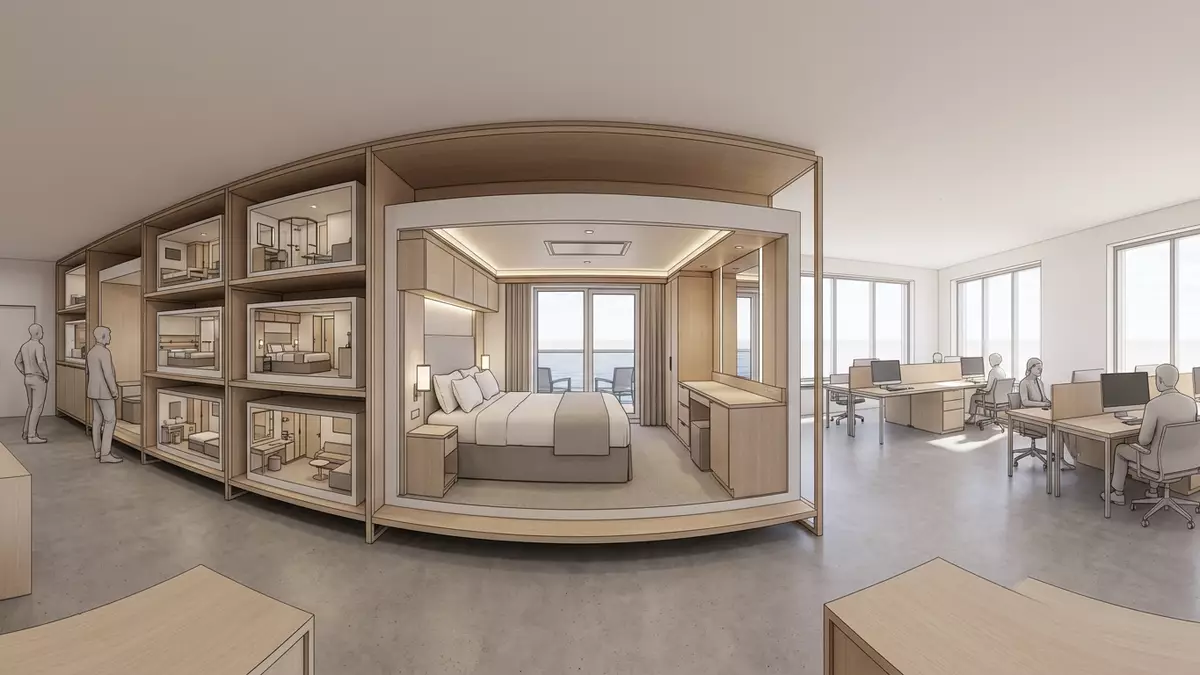 Architektur-Render im Reisebüro mit Kreuzfahrtkabine im Ausstellungsbereich, neutral