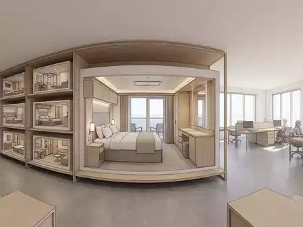 Architektur-Render im Reisebüro mit Kreuzfahrtkabine zum Thema Royal Caribbean Kreuzfahrt, ISIN LR0008862868, neutrales Tageslicht - Foto: THN