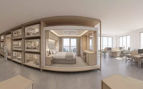Architektur-Render im Reisebüro mit Kreuzfahrtkabine zum Thema Royal Caribbean Kreuzfahrt, ISIN LR0008862868, neutrales Tageslicht - Foto: THN