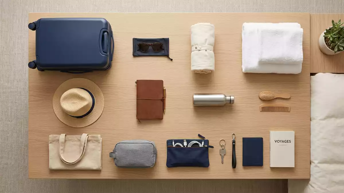 Flatlay-Arrangement rund um Kreuzfahrtkabine mit passenden Requisiten von oben