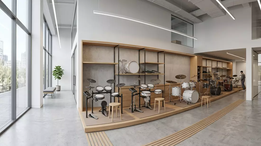 Architektur-Render im Musikfachgeschäft mit Elektronisches Schlagzeug im Ausstellungsbereich