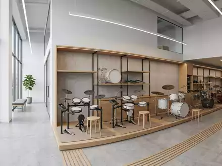Architektur-Render im Musikfachgeschäft mit Elektronisches Schlagzeug zum Thema Roland E-Drums, ISIN JP3983400004, neutrales Tageslicht - Foto: THN