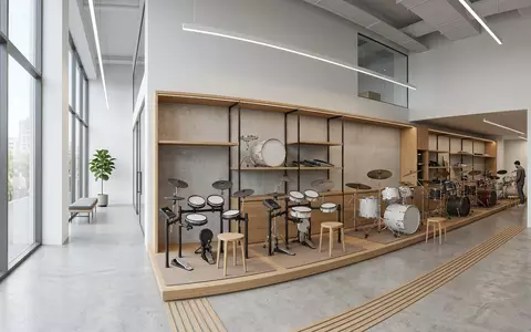 Architektur-Render im Musikfachgeschäft mit Elektronisches Schlagzeug zum Thema Roland E-Drums, ISIN JP3983400004, neutrales Tageslicht - Foto: THN