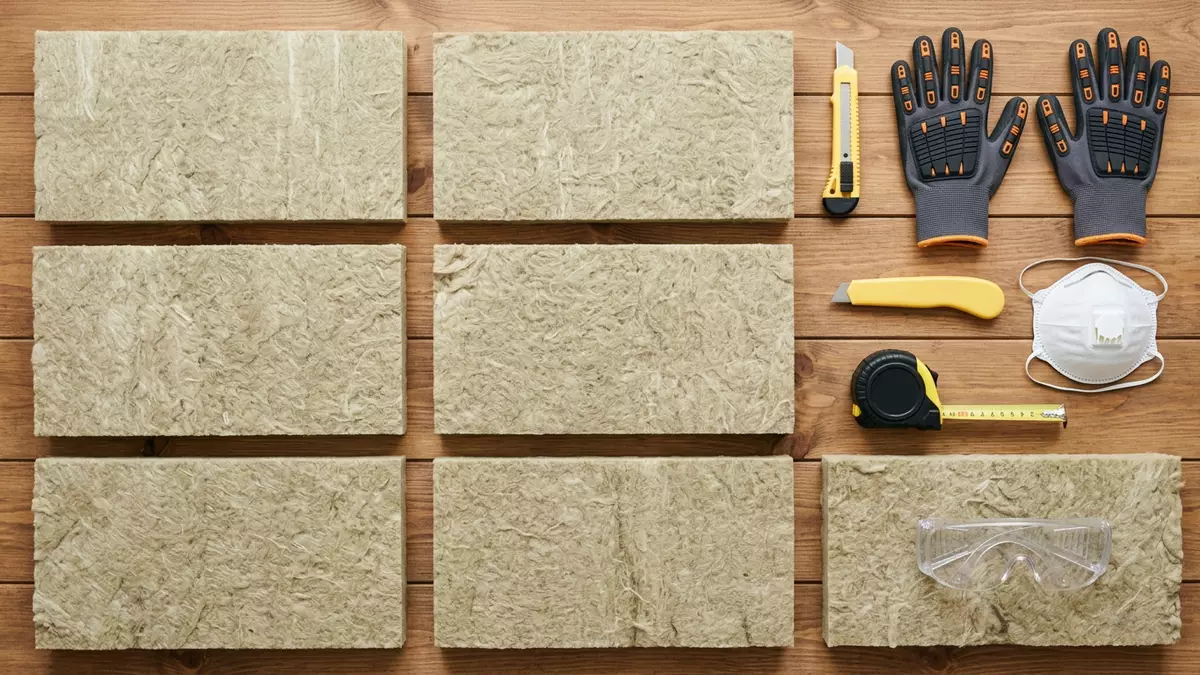 Flatlay-Arrangement rund um Dämmstoffplatten mit passenden Requisiten von oben