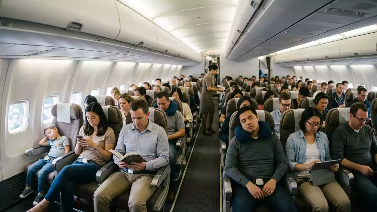 Fotorealistische Ansicht von Flugzeugkabine auf Reisen in realer Umgebung, neutral