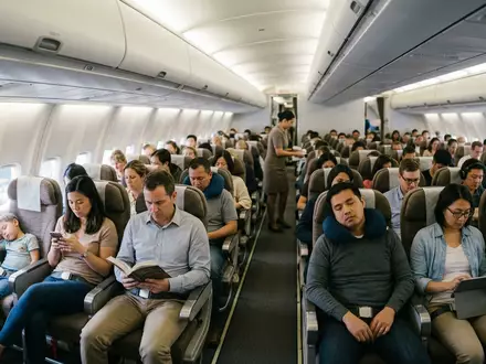 Fotorealistische Aufnahme von Flugzeugkabine auf Reisen zum Thema Ryanair Flug, ISIN IE00BYTBXV33, natuerliches Licht - Foto: THN