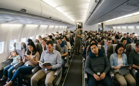Fotorealistische Aufnahme von Flugzeugkabine auf Reisen zum Thema Ryanair Flug, ISIN IE00BYTBXV33, natuerliches Licht - Foto: THN