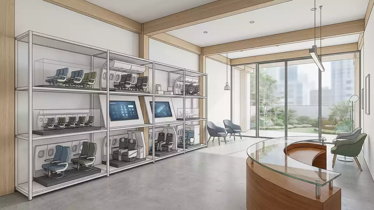 Architektur-Render im Reisebüro mit Flugzeugkabine im Ausstellungsbereich, neutral
