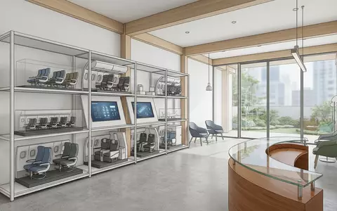 Architektur-Render im Reisebüro mit Flugzeugkabine zum Thema Ryanair Flug, ISIN IE00BYTBXV33, neutrales Tageslicht - Foto: THN