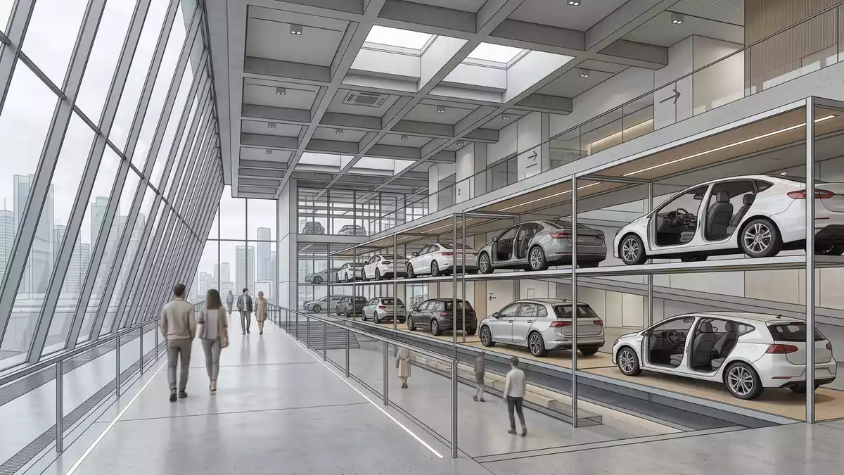 Architektur-Render im Mobilitätszentrum mit Personenwagen im Ausstellungsbereich