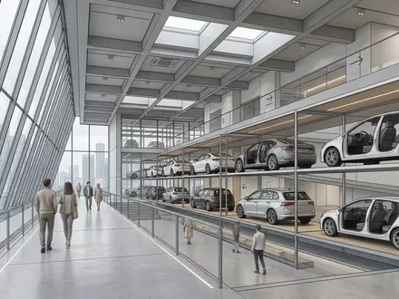 Architektur-Render im MobilitÀtszentrum mit Personenwagen zum Thema Lyft Ride, ISIN US55087P1049, neutrales Tageslicht - Foto: THN