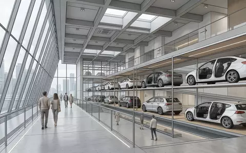 Architektur-Render im Mobilitätszentrum mit Personenwagen zum Thema Lyft Ride, ISIN US55087P1049, neutrales Tageslicht - Foto: THN