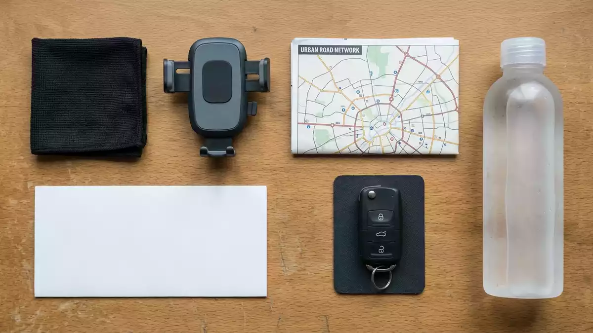 Flatlay-Arrangement rund um Personenwagen mit passenden Requisiten von oben, neutral