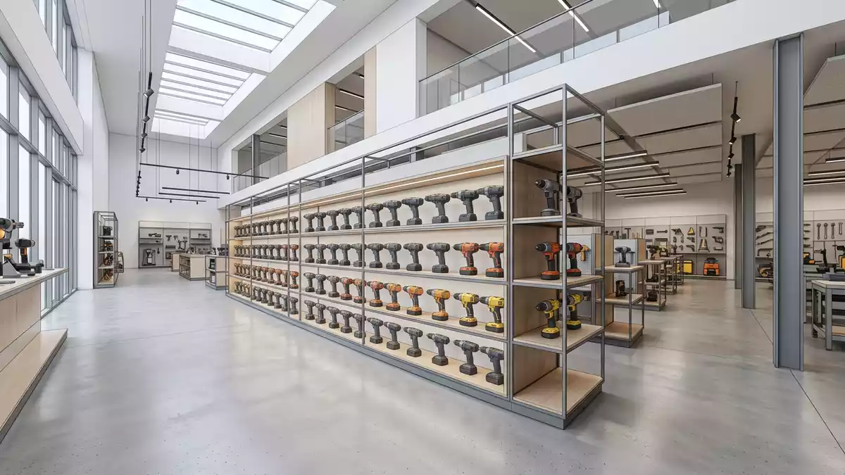 Architektur-Render im Baumarkt mit Akkuschrauber im Ausstellungsbereich, neutral