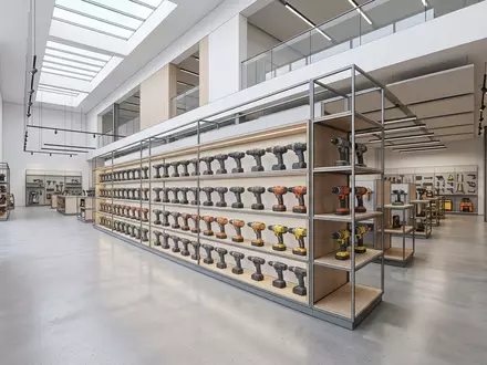 Architektur-Render im Baumarkt mit Akkuschrauber zum Thema Makita Akkuschrauber 18V, ISIN JP3862400003, neutrales Tageslicht - Foto: THN