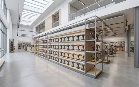 Architektur-Render im Baumarkt mit Akkuschrauber zum Thema Makita Akkuschrauber 18V, ISIN JP3862400003, neutrales Tageslicht - Foto: THN