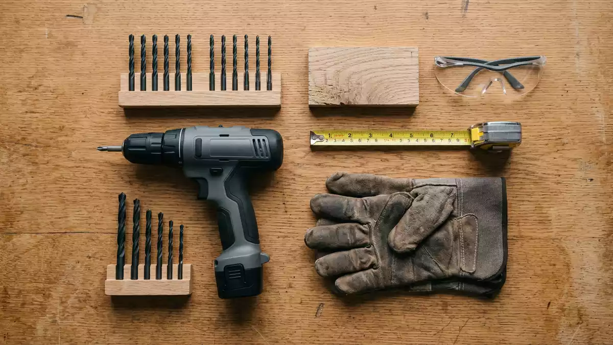 Flatlay-Arrangement rund um Akkuschrauber mit passenden Requisiten von oben, neutral