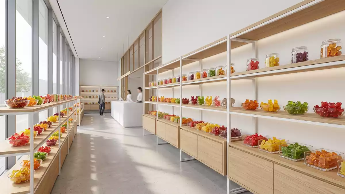 Architektur-Render im Süßwarengeschäft mit Fruchtgummi im Ausstellungsbereich, neutral