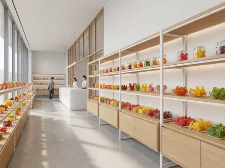 Architektur-Render im Süßwarengeschäft mit Fruchtgummi zum Thema Percy Pigs, ISIN GB0031274896, neutrales Tageslicht - Foto: THN