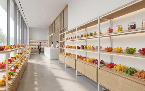 Architektur-Render im Süßwarengeschäft mit Fruchtgummi zum Thema Percy Pigs, ISIN GB0031274896, neutrales Tageslicht - Foto: THN