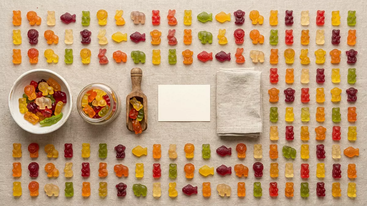 Flatlay-Arrangement rund um Fruchtgummi mit passenden Requisiten von oben, neutral