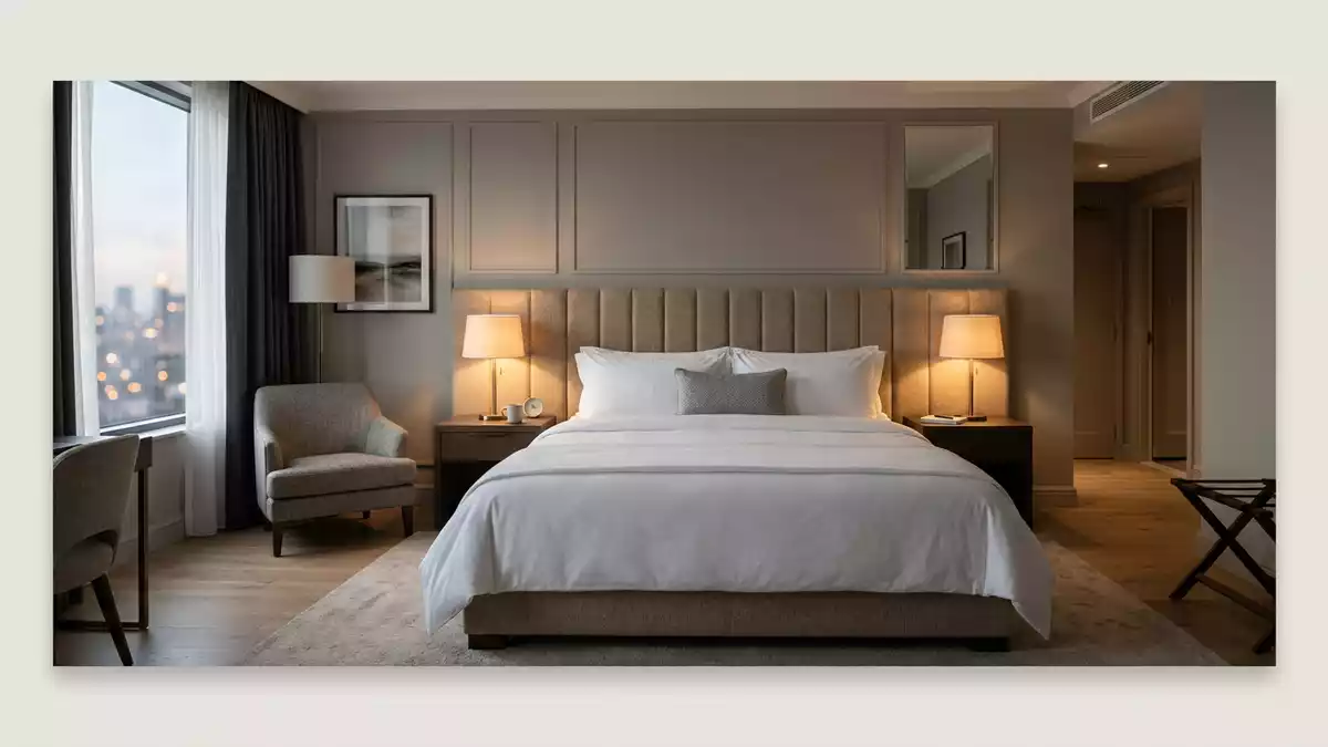 Fotorealistische Studioansicht von Hotelzimmer in neutraler Produktdarstellung