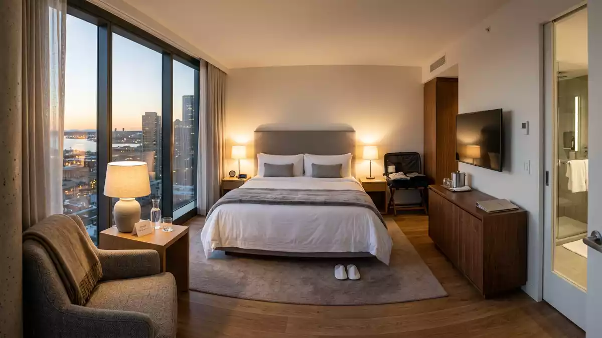 Fotorealistische Ansicht von Hotelzimmer auf Reisen in realer Umgebung, neutral