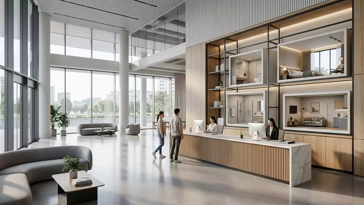 Architektur-Render im Hotellobby mit Hotelzimmer im Ausstellungsbereich, neutral