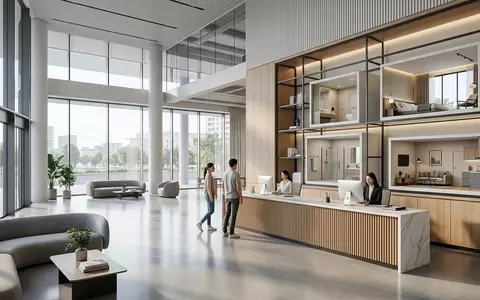 Architektur-Render im Hotellobby mit Hotelzimmer zum Thema Marriott Hotel, ISIN US5719032022, neutrales Tageslicht - Foto: THN