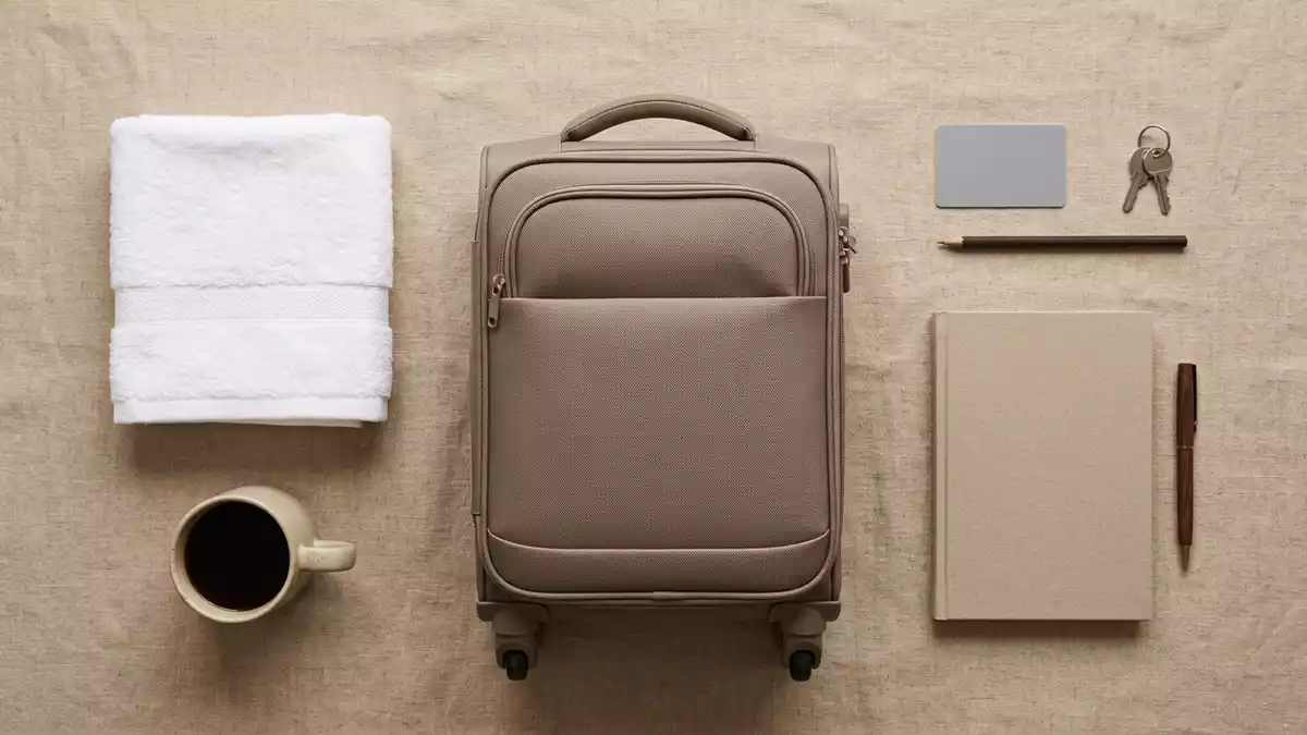 Flatlay-Arrangement rund um Hotelzimmer mit passenden Requisiten von oben, neutral