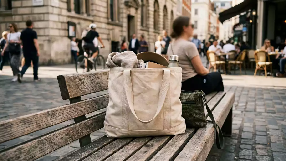 Fotorealistische Ansicht von Stofftasche beim Stadtbummel in realer Umgebung, neutral