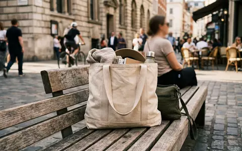 Fotorealistische Aufnahme von Stofftasche beim Stadtbummel zum Thema Dior Book Tote, ISIN FR0000121014, natuerliches Licht - Foto: THN