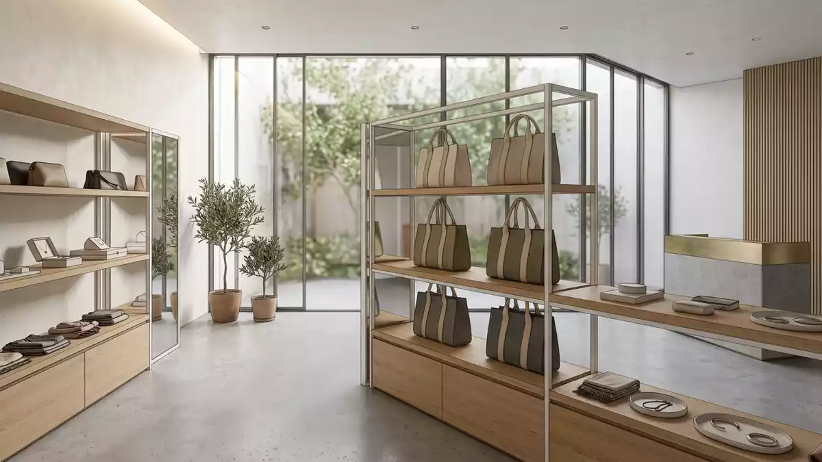 Architektur-Render im Modeboutique mit Stofftasche im Ausstellungsbereich, neutral