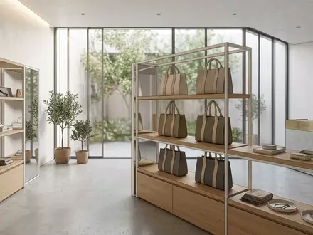 Architektur-Render im Modeboutique mit Stofftasche zum Thema Dior Book Tote, ISIN FR0000121014, neutrales Tageslicht - Foto: THN