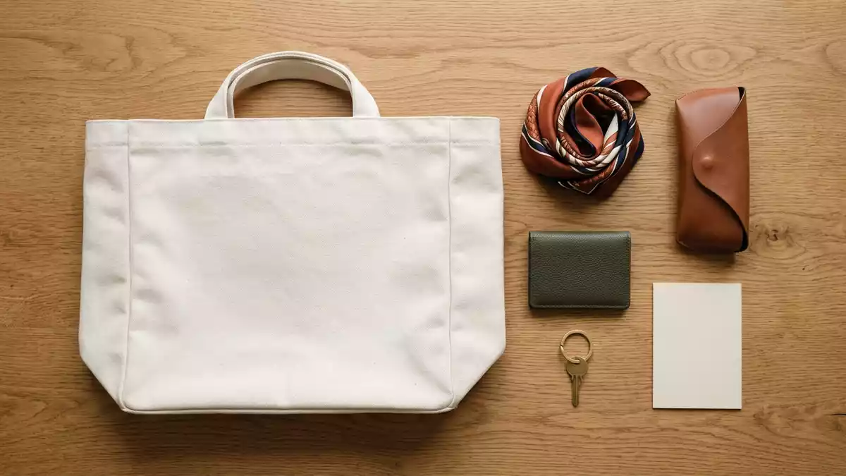 Flatlay-Arrangement rund um Stofftasche mit passenden Requisiten von oben, neutral