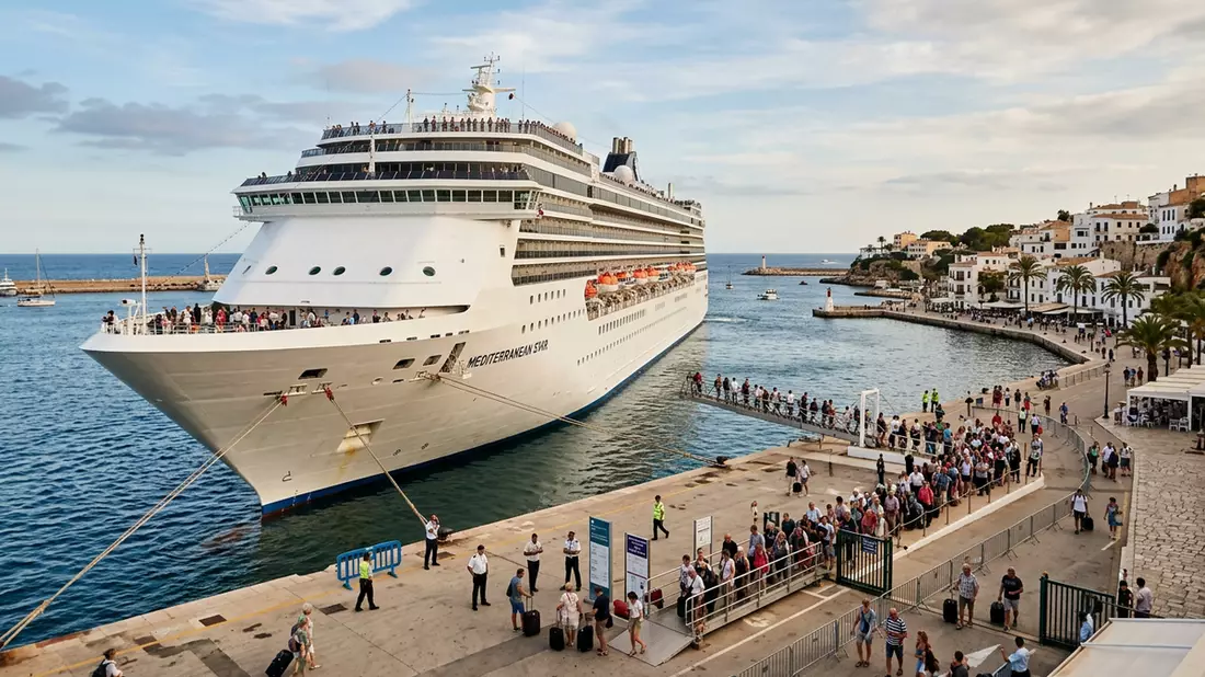Fotorealistische Ansicht von Kreuzfahrtschiff auf See in realer Umgebung, neutral