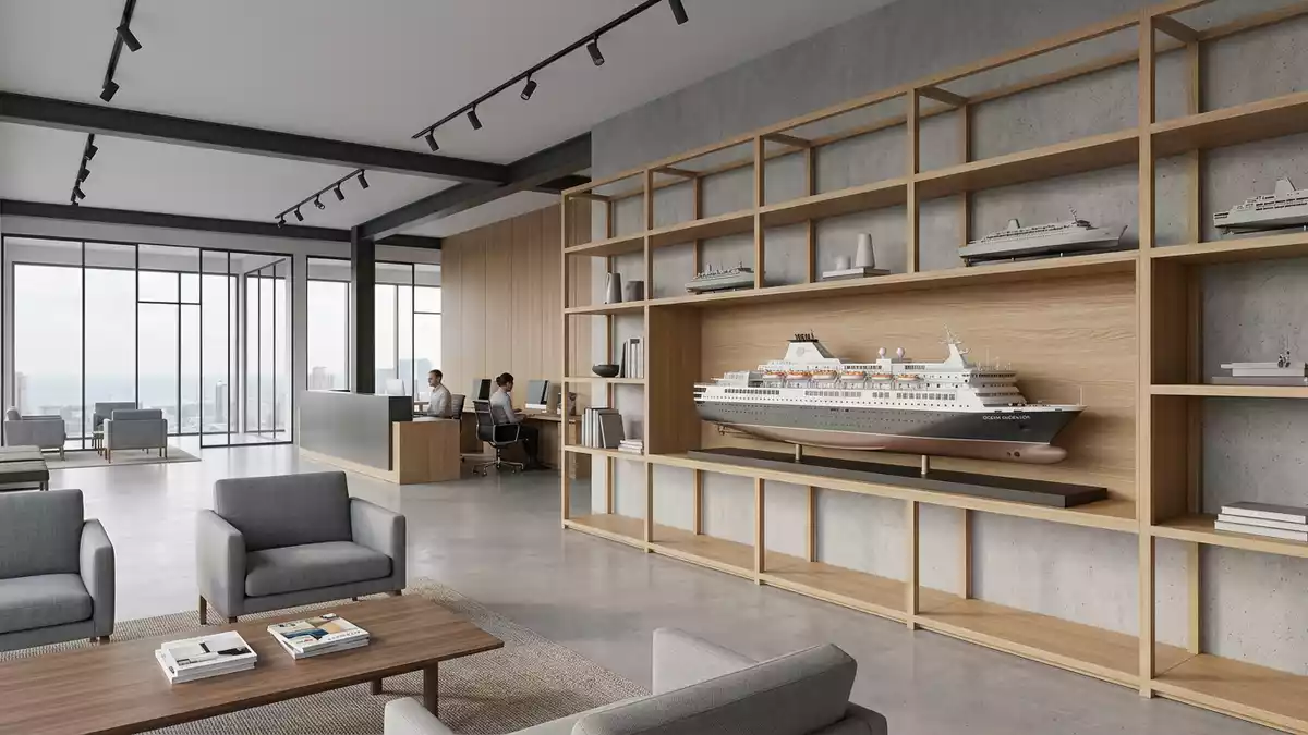 Architektur-Render im Reisebüro mit Kreuzfahrtschiff im Ausstellungsbereich, neutral
