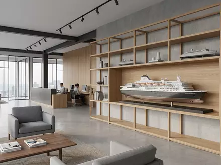 Architektur-Render im Reisebüro mit Kreuzfahrtschiff zum Thema Norwegian Prima, ISIN BMG667211046, neutrales Tageslicht - Foto: THN