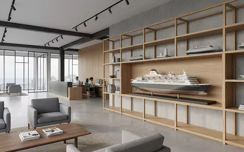 Architektur-Render im Reisebüro mit Kreuzfahrtschiff zum Thema Norwegian Prima, ISIN BMG667211046, neutrales Tageslicht - Foto: THN