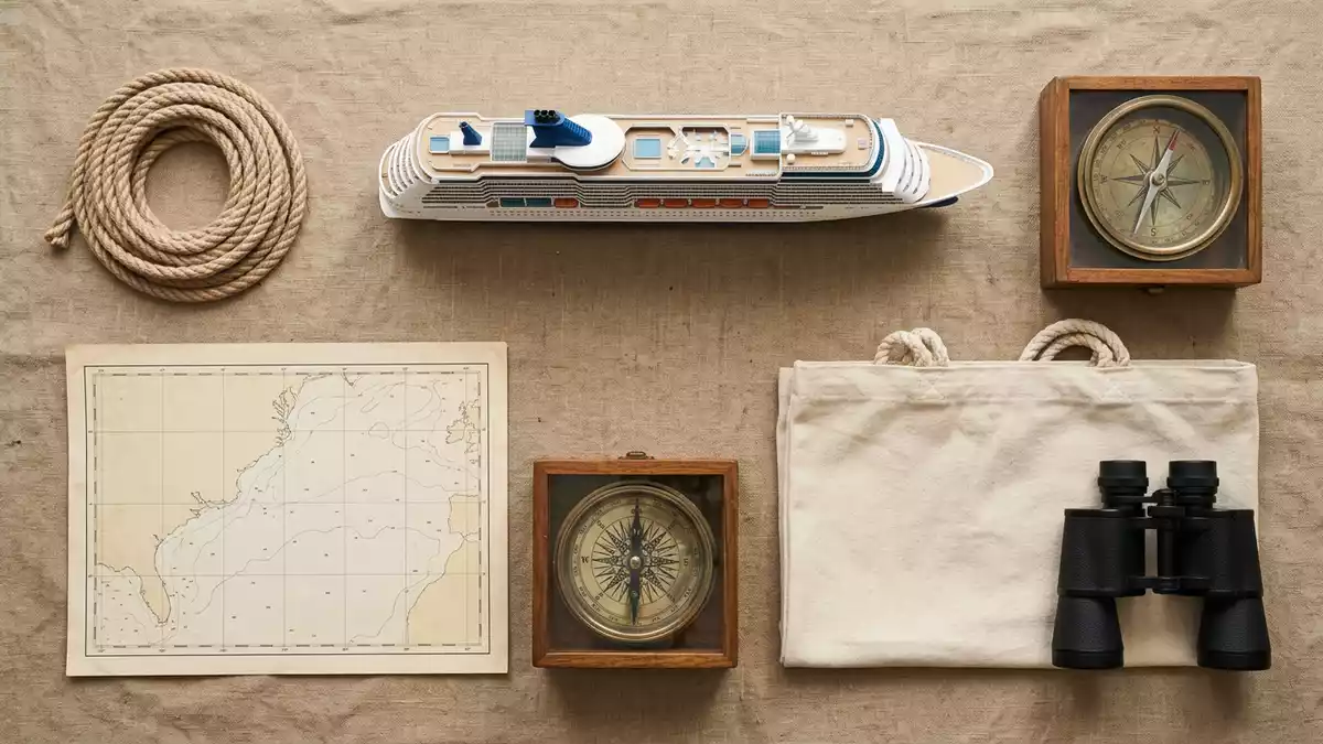 Flatlay-Arrangement rund um Kreuzfahrtschiff mit passenden Requisiten von oben