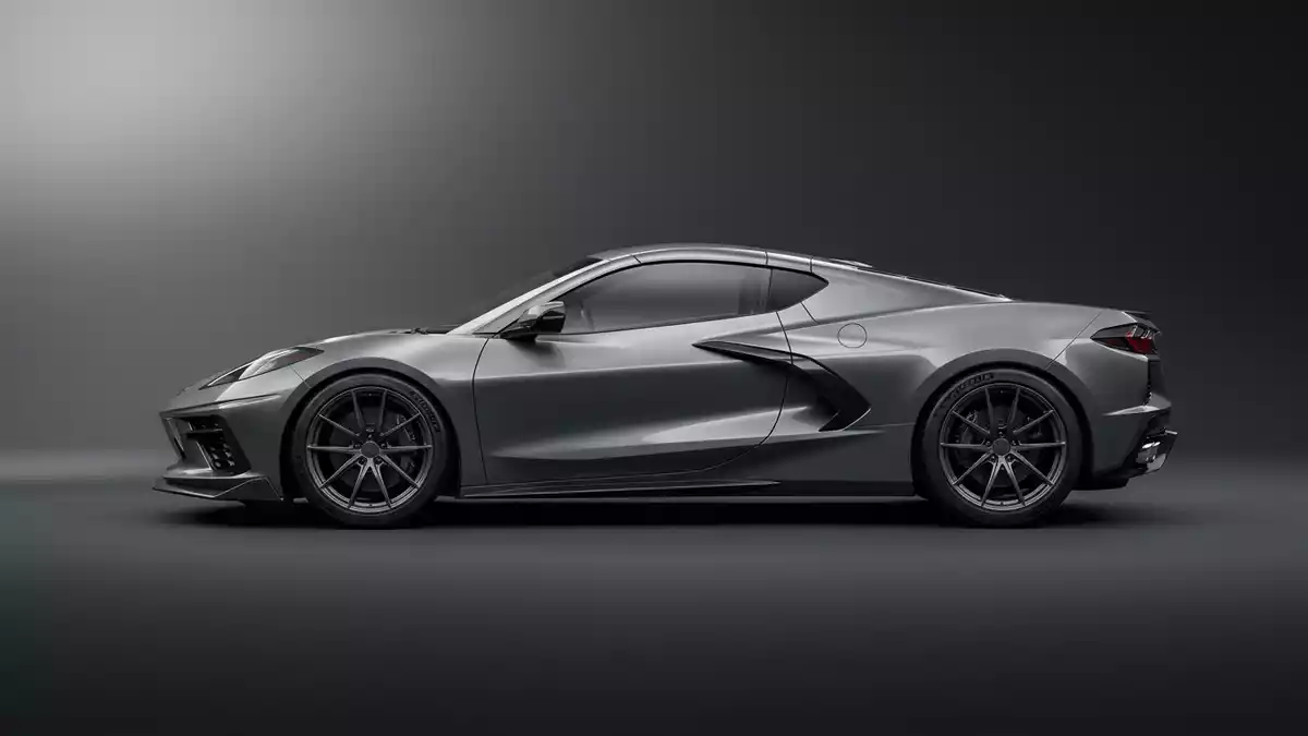 Fotorealistische Studioansicht von Sportcoupé in neutraler Produktdarstellung, neutral