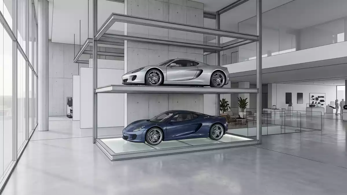 Architektur-Render im Autohandel mit Sportcoupé im Ausstellungsbereich, neutral
