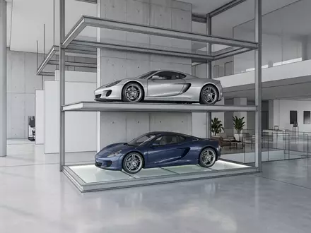 Architektur-Render im Autohandel mit Sportcoupé zum Thema Alpine A110, ISIN JP3725400000, neutrales Tageslicht - Foto: THN